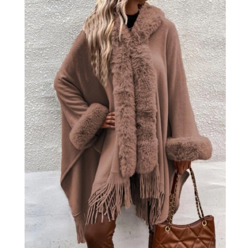 Cozy vegan fur dolman sleeve tssel poncho shawl scarf wrap cardigan - Picture 3 of 16